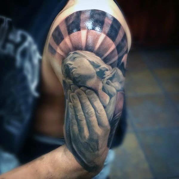 Half Sleeve Mens Angel With Praying Hands And Sun Rays Tattoo