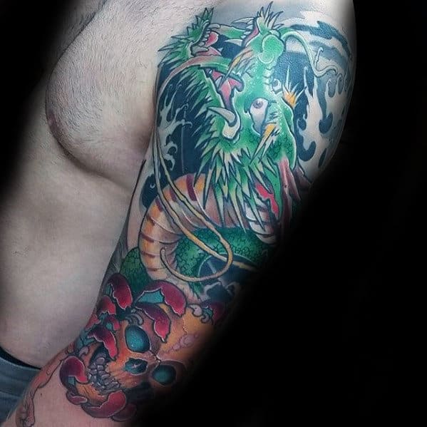 Half Sleeve Mens Dragon And Skull Arm Tattoos