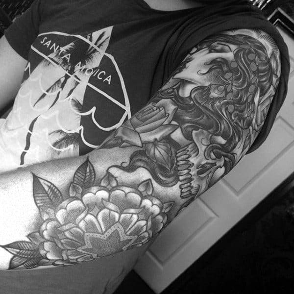 Half Sleeve Mens Floral Elbow Tattoo In Black Ink