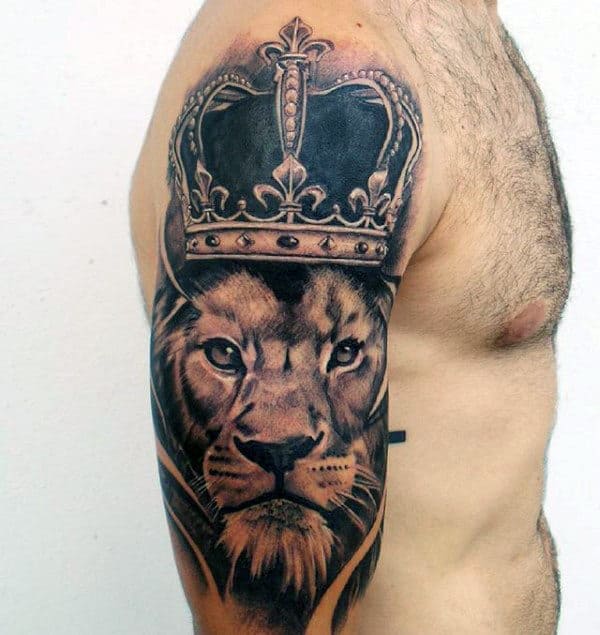 Half Sleeve Mens Lion With Crown Tattoo Designs