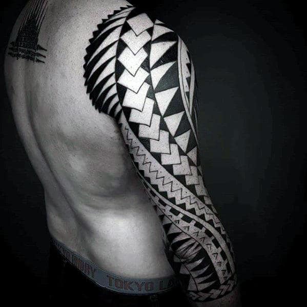 Half Sleeve Mens Polynesian Arm Tribal Tattoo With Pattern Design