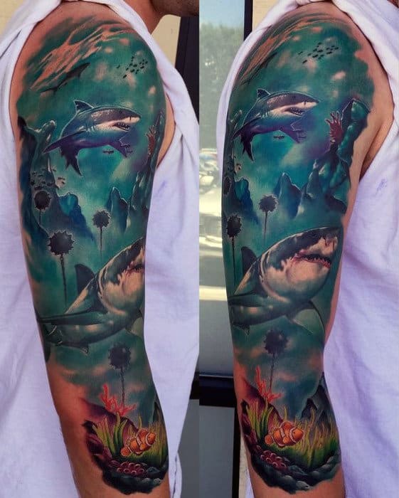 Half Sleeve Mens Shark Tattoo Ideas