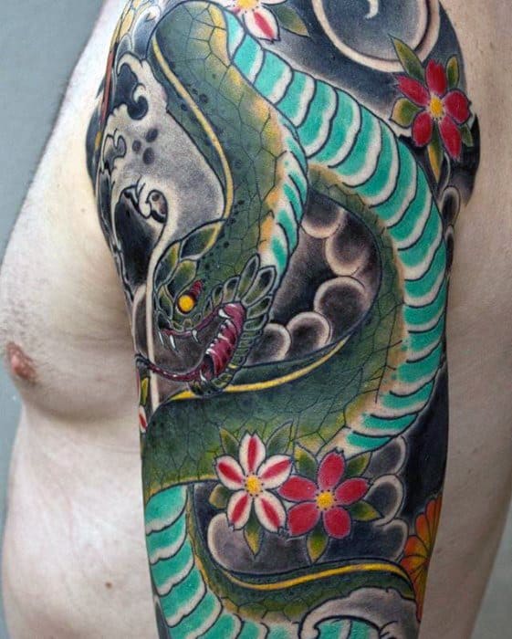 Half Sleeve Mens Tattoo Ideas With Japanese Snake Design