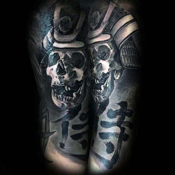 Half Sleeve Mens Tattoo With Chinese Symbol And Skull Samuari Helmet Design