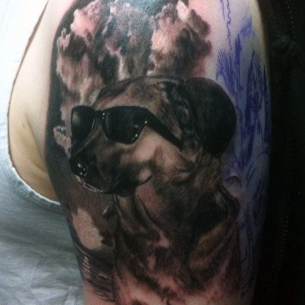 Half Sleeve Mens Upper Arm Dog With Sunglasses Tattoo