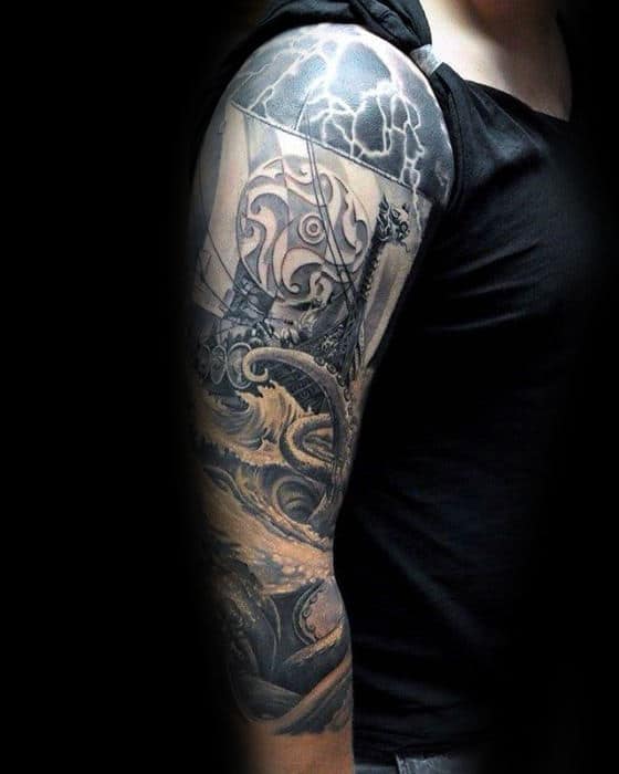Half Sleeve Octopus Viking Ship Mens Tattoos