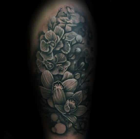 Half Sleeve Orchid Shaded Black And Grey Male Tattoo Designs