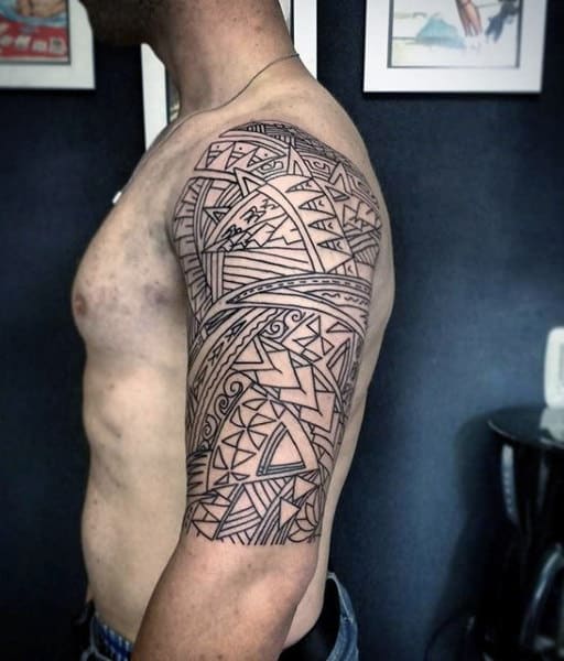 Half Sleeve Outline Linework Maori Tattoo On Male