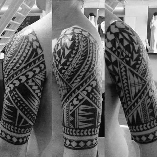 Half Sleeve Polynesian Tribal Male Black Ink Tribal Tattoo Ideas