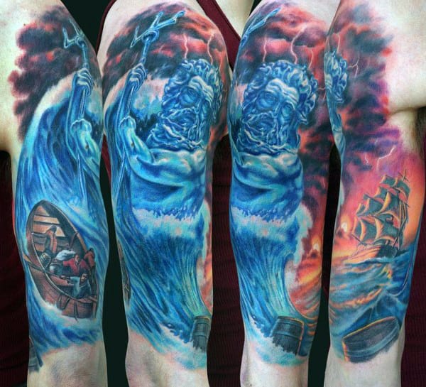 Half Sleeve Poseidon Ship Tattoos For Males