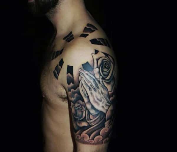 Half Sleeve Praying Hands With Roses Tattoo On Men