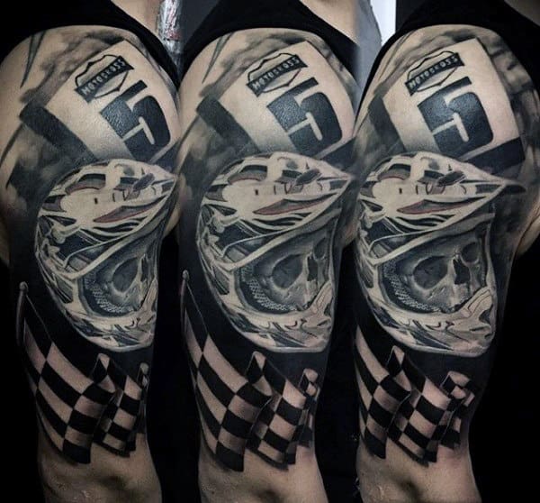 Half Sleeve Racing Flag Motocross Helmet Mens Tattoos