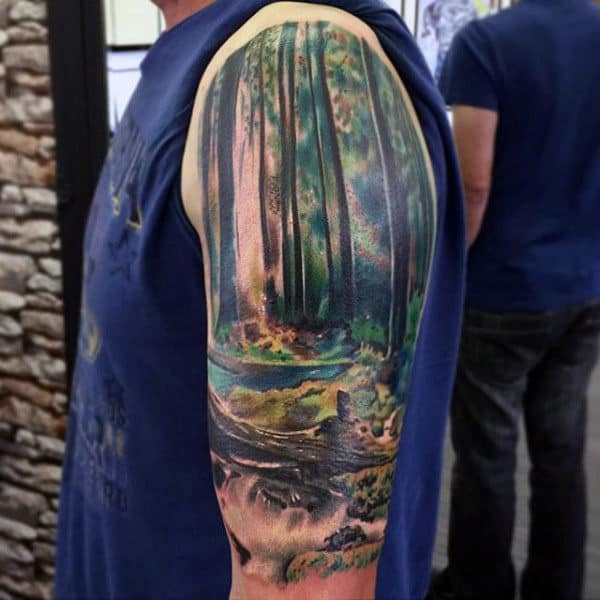 Half Sleeve Realistic Landscape Guys Forest Tattoo Designs