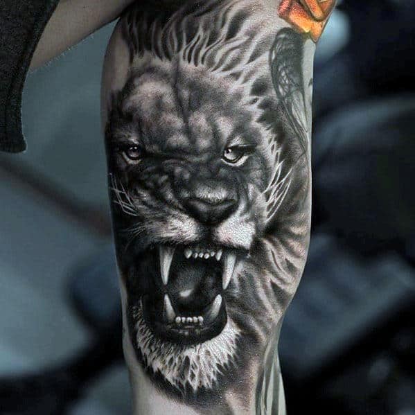 Half Sleeve Realistic Roaring Lion Tattoo Ideas For Males