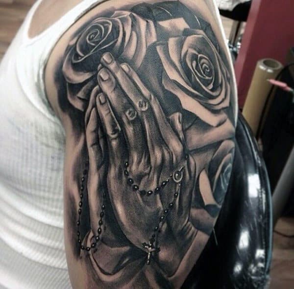 Half Sleeve Rose Flower And Praying Hands Cross Tattoos For Gentlemen