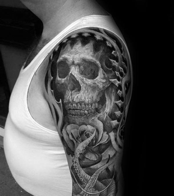 Half Sleeve Shaded Badass Skull Guys Tattoo Ideas