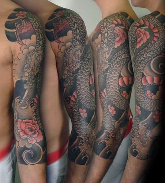 Half Sleeve Shaded Floral Dragon Japanese Tattoos For Guys