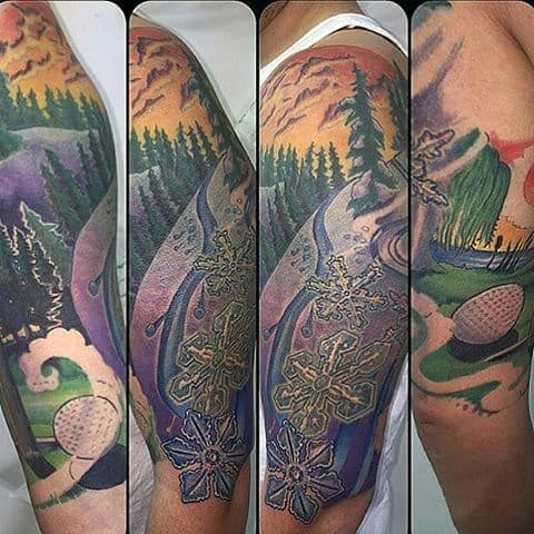 Half Sleeve Skiing Path In The Snow Mens Tattoo Designs