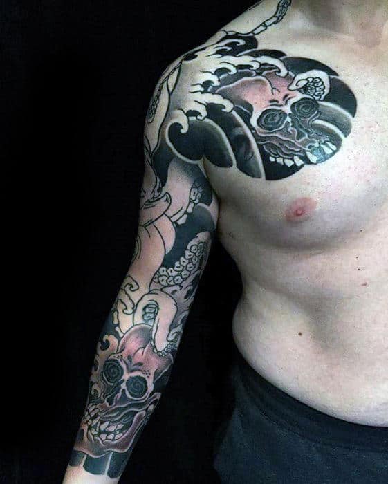 Half Sleeve Skulls Mens Japanese Themed Tattoos