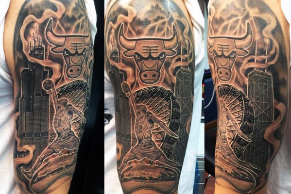 Half Sleeve Skyline Chicago Bulls Mens Tattoo Ideas