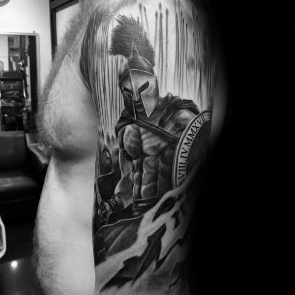 Half Sleeve Spartan Shield Mens Tattoos
