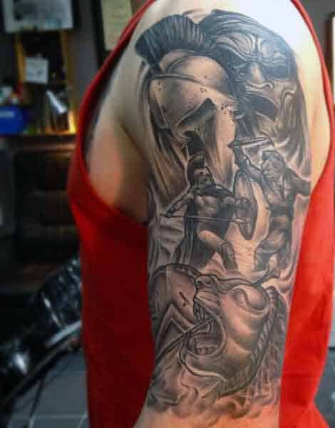 Half Sleeve Spartan Warrior Tattoo For Men