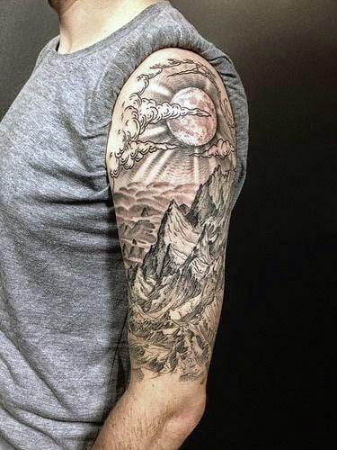 Half Sleeve Sun Rising Over Mountains Tattoo For Men