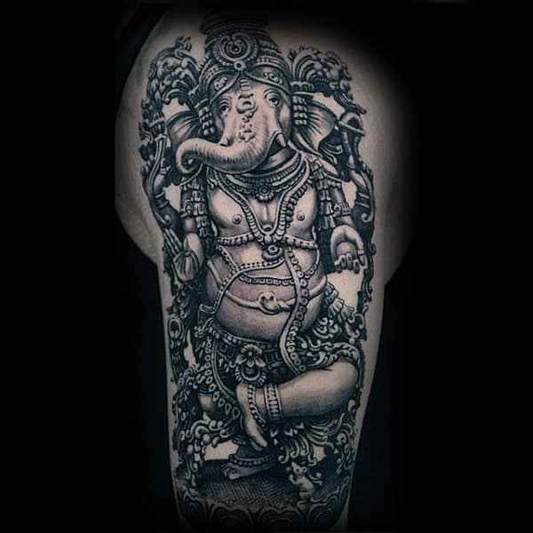 Half Sleeve Tattoo On Male Of Ganesh Design