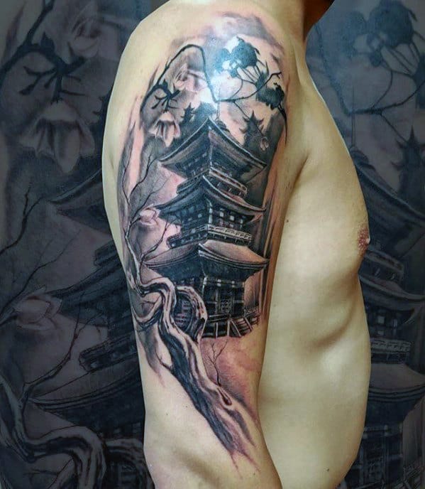 Half Sleeve Tree Branch With Japanese Temple Mens Tattoos