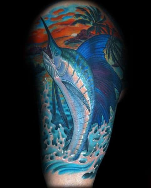 Half Sleeve Tropical Swordfish Guys Tattoos