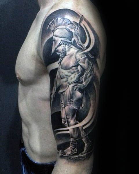 Half Sleeve Warrior With Spear Mens Shaded Black And Ink Tattoo Inspiration