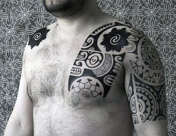Half Sleeve With Shoulder And Chest Guys Tribal Tattoos