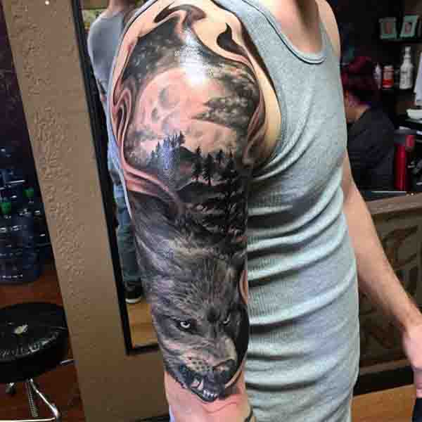 Half Sleeve Wolf And Moon Tattoo For Guys