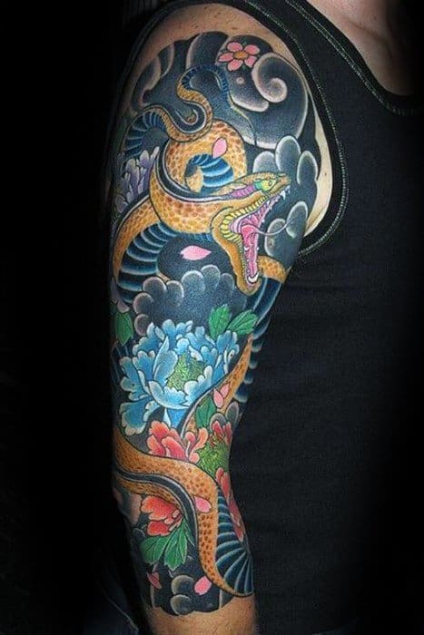 half-sleeve-yellow-japanese-snake-mens-tattoo-designs