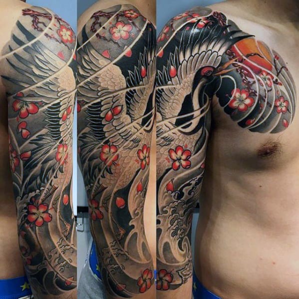 Half Sleve Japanese Crane Mens Tattoo Inspiration