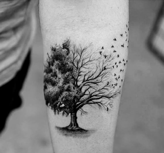 Half Tree Half Birds Awesome Mens Small Forearm Tattoo