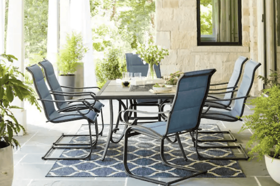 outdoor dining set blue chairs