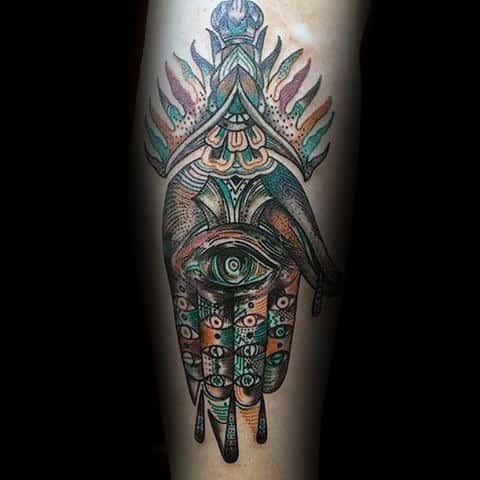 Hamsa With Multiple Eyes Mens Colorful Forearm Tattoo