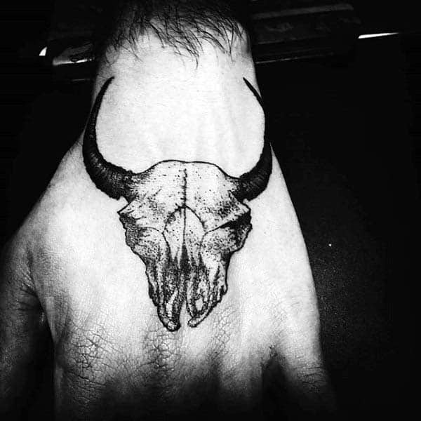Hand Bull Skull Tattoo On Man