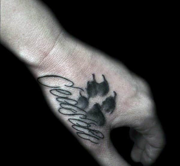 Hand Dog Paw Memeorial Guys Watercolor Tattoo With Lettering Design
