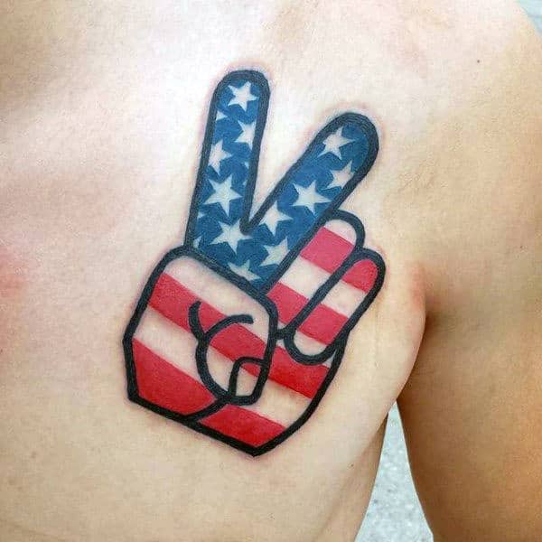 Hand Giving Peace Sign American Flag Mens Chest Tattoos