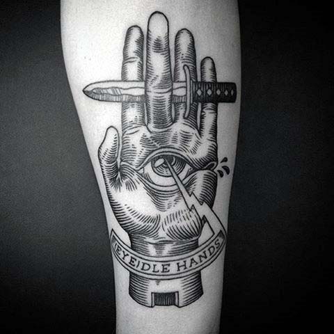 Hand Holding Dagger With All Seeing Eye Woodcut Guys Tattoos
