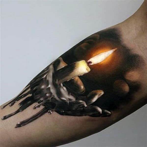 Hand Holding Dripping Wax Candle Guys 3d Forearm Tattoo