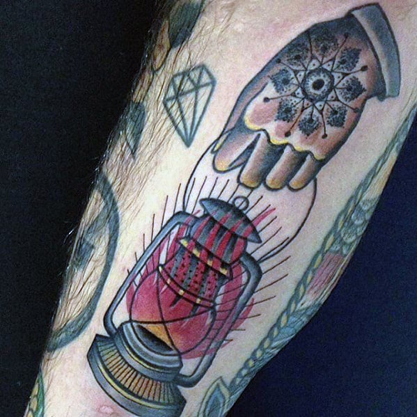 Hand Holding Flaming Lantern Mens Traditional Leg Tattoo