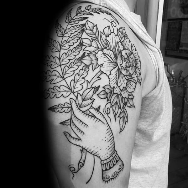Hand Holding Flower With Fern Mens Arm Tattoos