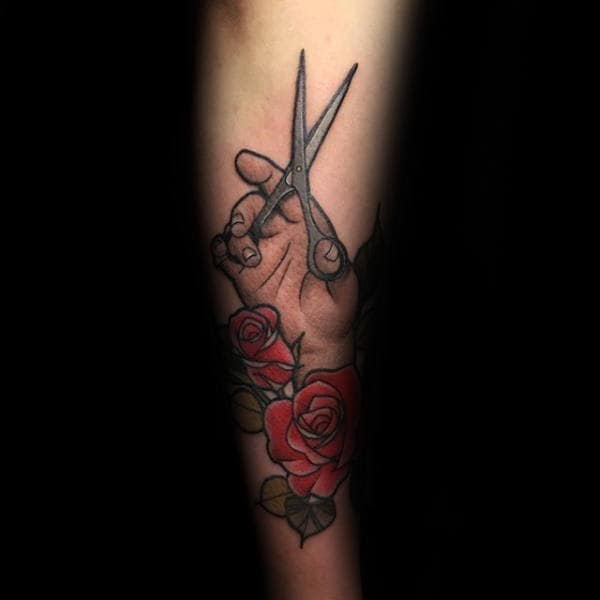 Hand Holding Pair Of Scissors With Red Rose Flowers Mens Arm Tattoos