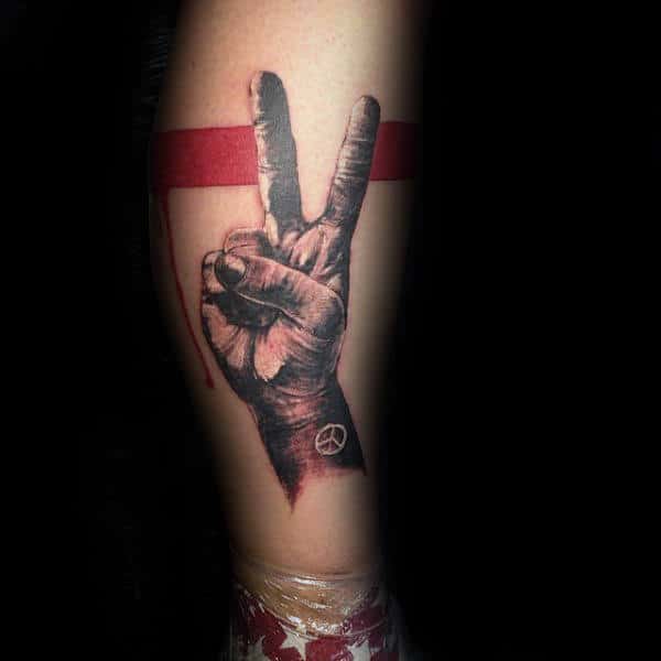 Hand Holding Peace Sign Mens Leg Tattoo Ideas