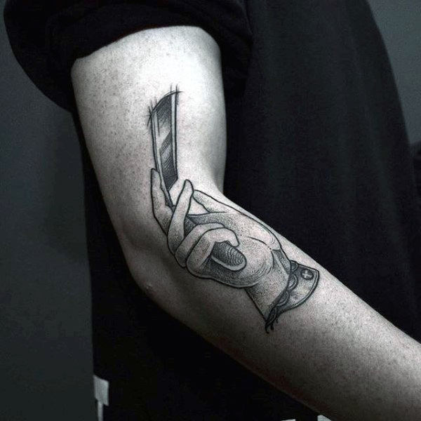 80 Straight Razor Tattoo Designs For Men - HanD HolDing Straight Razor Tattoo Male Arms