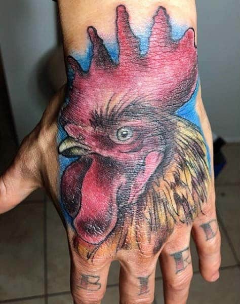Hand Piece Rooster Tattoo For Men On Hand