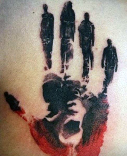 Hand Print Mens Praying Hands Tattoos With Red And Black Ink